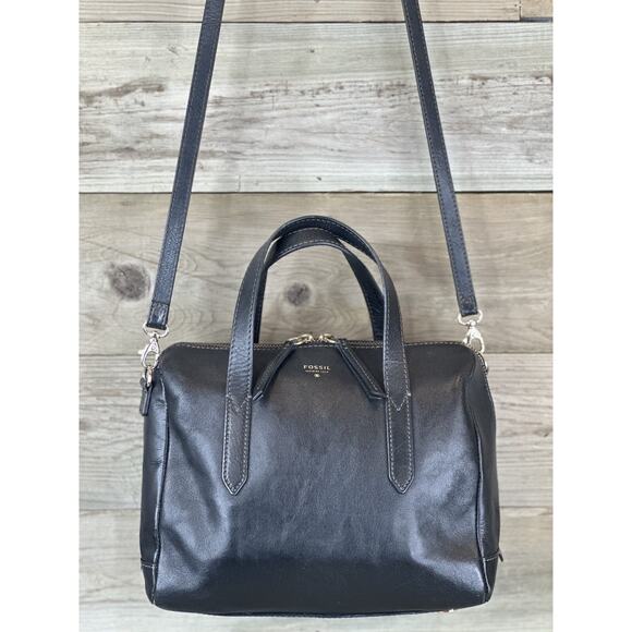 FOSSIL SYDNEY BLACK Smooth Leather Satchel Handbag Crossbody ORIGINAL STYLE - Picture 1 of 13